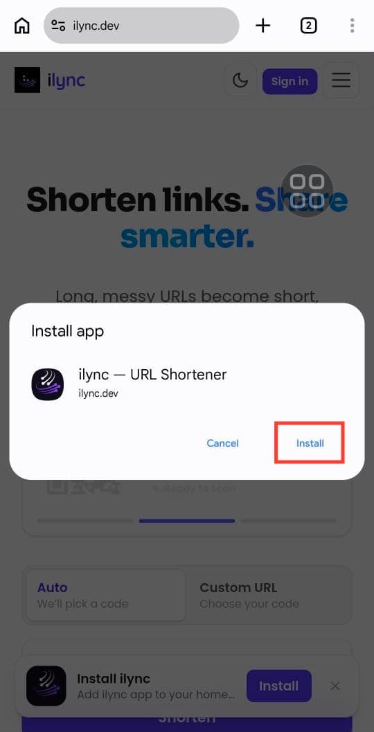 Install app dialog on an Android phone